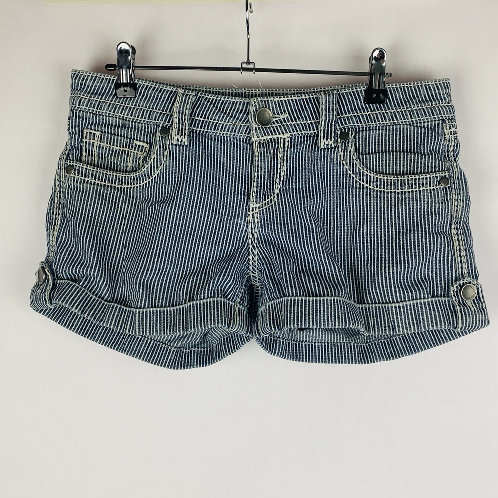 See Thru Soul Shorts Women Size 27 Blue Denim Thick Stitch Railroad Striped